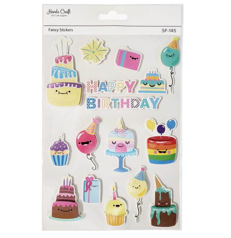 Sheet of 3D happy birthday stickers featuring happy birthday cakes, balloons, presents, and more.