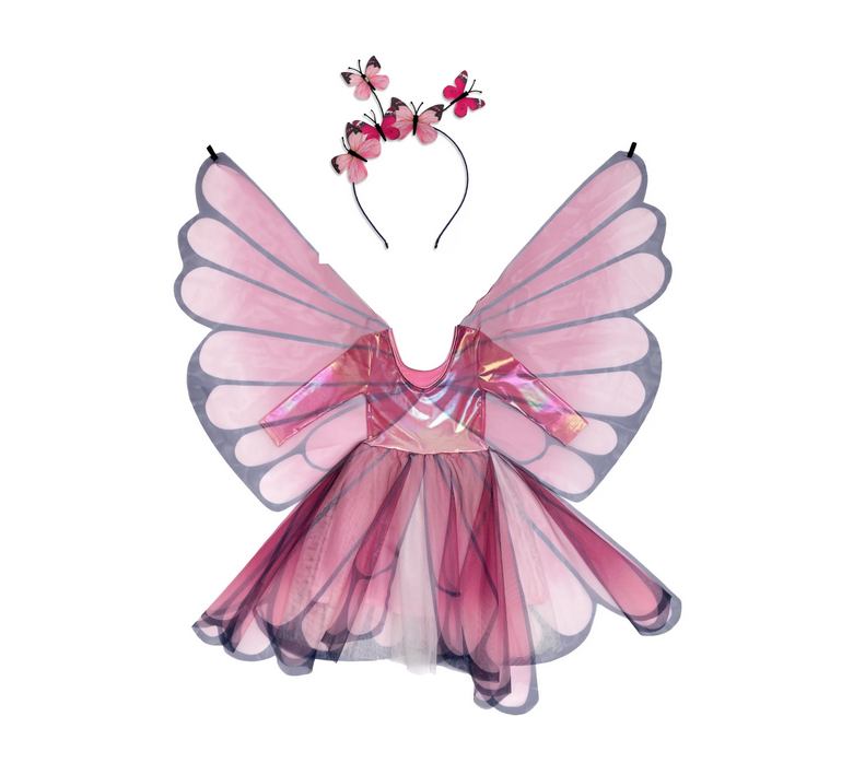  Butterfly Twirl Dress with Wings! The top is crafted from the softest, most breathable iridescent pink spandex fabric with soft pink and magenta scalloped cut skirt. Akso has vibrant magenta and delicate butterfly wings. Also has a headband with light pink and magenta butterflies. 