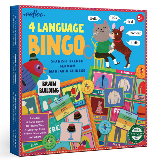 Box of 4 Language Bingo in Spanish, French, German, Mandarin, and Chinese. Includes 6 game boards, 48 playing tiles, 4 language coins, pronunciation guide, and instructions. Ages 5 and up.