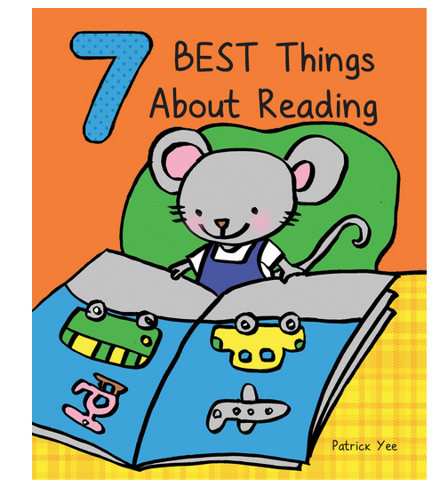 Book cover with a bright orange and yellow backgroundwith an illustrated mouse reading a book. 