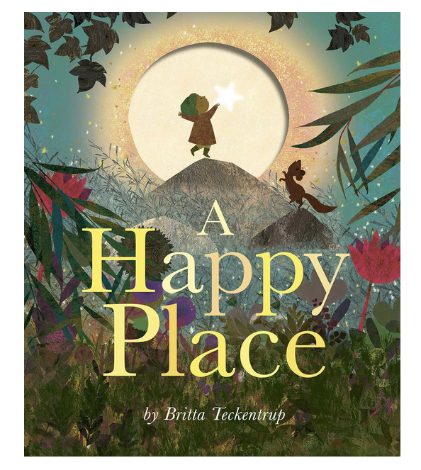 Illustrated cover of "A Happy Place" with a young girl on a hill as seen through flowering trees and meadow. 
