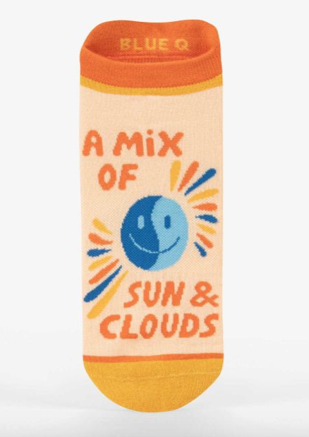 Orange sneaker sock with a blue yin-yang that reads a mix of suns & clouds.