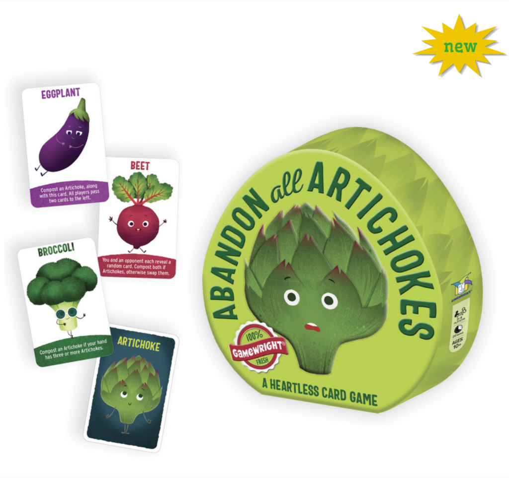 Abandon all artichokes- a heartless card game. Photo of game box and 4 vegetable playing cards on a white background.