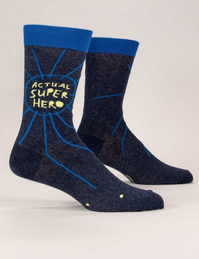 Dark dusty blue socks with the words "Actual Superhero" in yellow and bright blue accents radiationg from the words. 