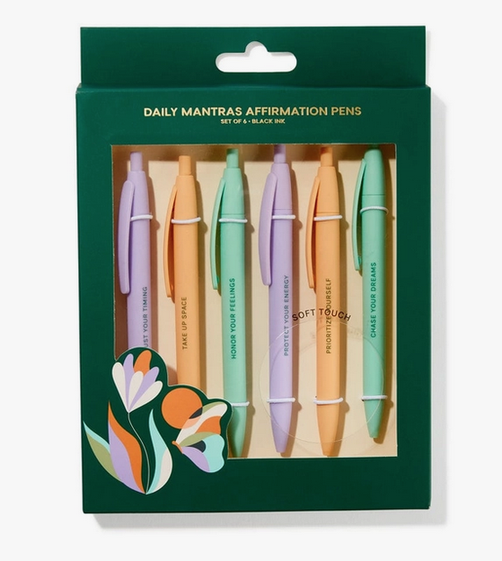 A beautiful six pen collection with daily affirmations on each one. COlrs are pale purple, orange sherbet, and mint green.