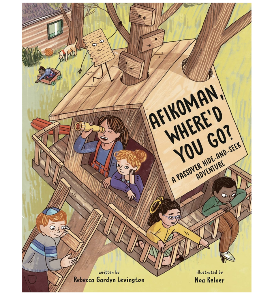 Illusttrated cover of "Afikomna, Where'd You Go?" with scene of kids in a tree house and the yard looking for Afikomen. 