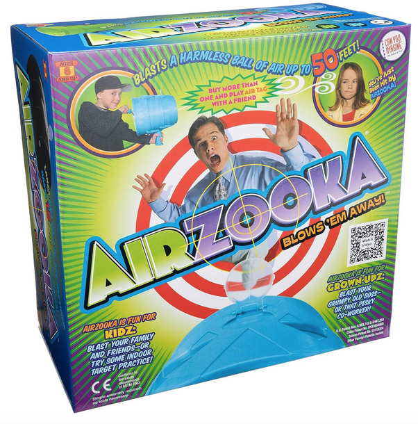 Box containing the Airzooka, the box has pictures of the airzooka and people using it having a great time. 
