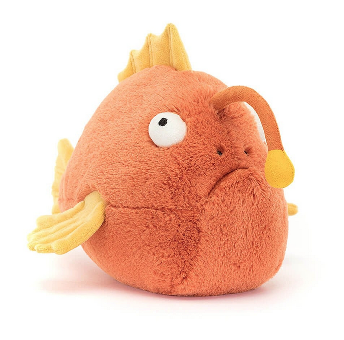 Alexis Anglerfish has terracotta fur and a suedette torch! With huge bobble eyes, stitched nose and mouth, and glorious golden segmented fins.