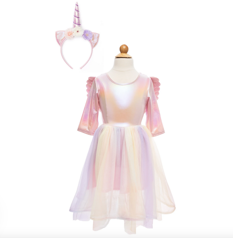 The Alicorn Dress features a flowing skirt with multiple layers of tulle. The bodice is adorned with a long sleeve iridescent spandex top & magical wings. Comes with a headband that has a pink unicorn horn and pink, white and purple flowers. 