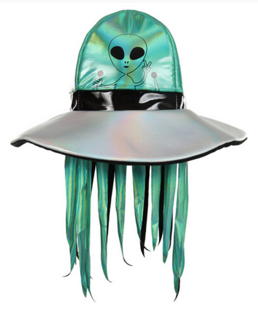 The Alien Abduction Hat has printed graphics on the front of an alien steering a spaceship hovering above your head. Made from 100% polyester with a silver and green metallic-looking sheen.