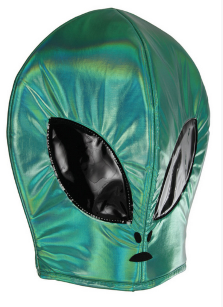 The Alien Plush Hat is 100% polyester designed with a green metallic-looking sheen. The hat features tinted eyes that allow you to see through them. 