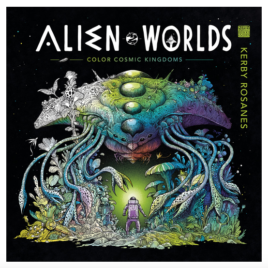 Cover of Alien Worlds coloring book. Black background featuring an alien creature and a lush colorful landscape. 