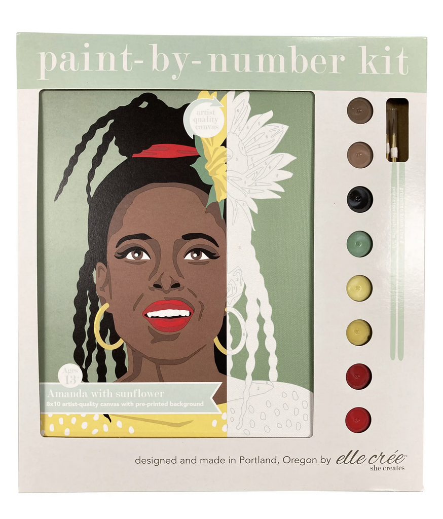 Paint by number canvas kit of poet Amanda Gorman. Includes paints and brushes.