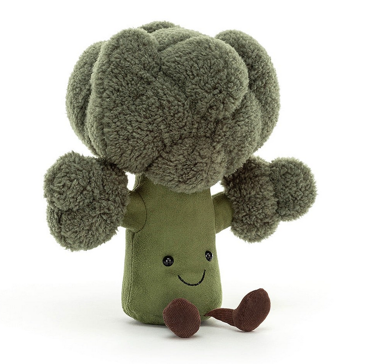 The Amuseable Broccoli facing front with dark green plush stalk and fuzzy flurets on his head and the tips of his arms. 