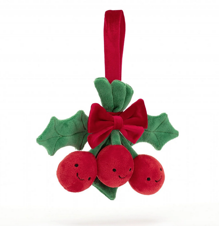 The Amuseable Holly plush is three scarlet berries nestled with green leaves and are  gathered together with a cranberry bow and matching velour hanging loop. 