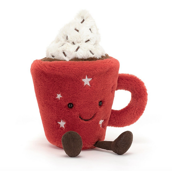 Amuseable Hot Chocolate is a comforting mug of softness. With scarlet fur, embroidered stars and kicking cord boots, as well as fluffy cocoa, a quiff of cream and stitched chocolate sprinkles.