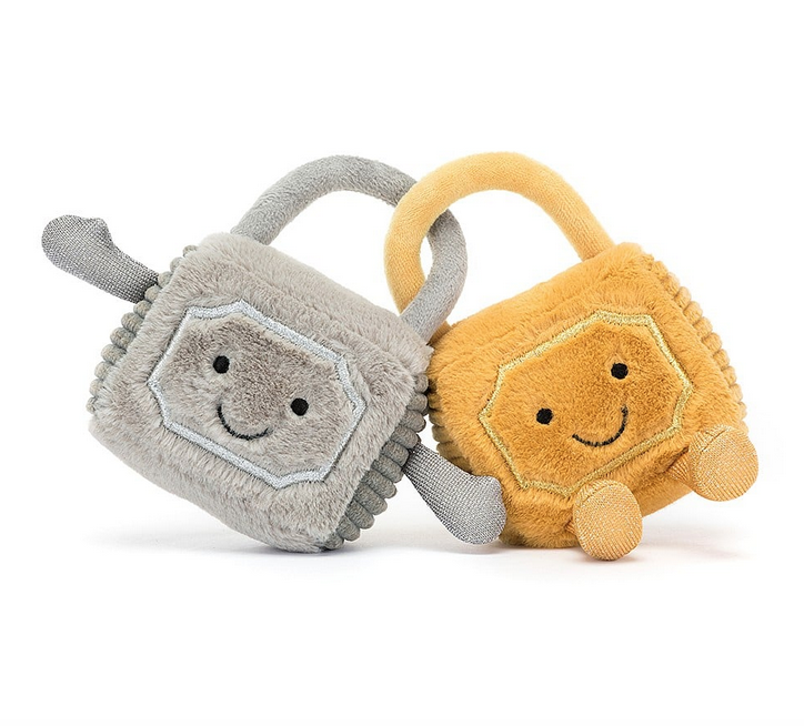 Amuseable Love Locks are gold and silver with embroidered details and soft cord sides. The silver one has arms and the gold lock has legs. Both have the sweetest smiles. 