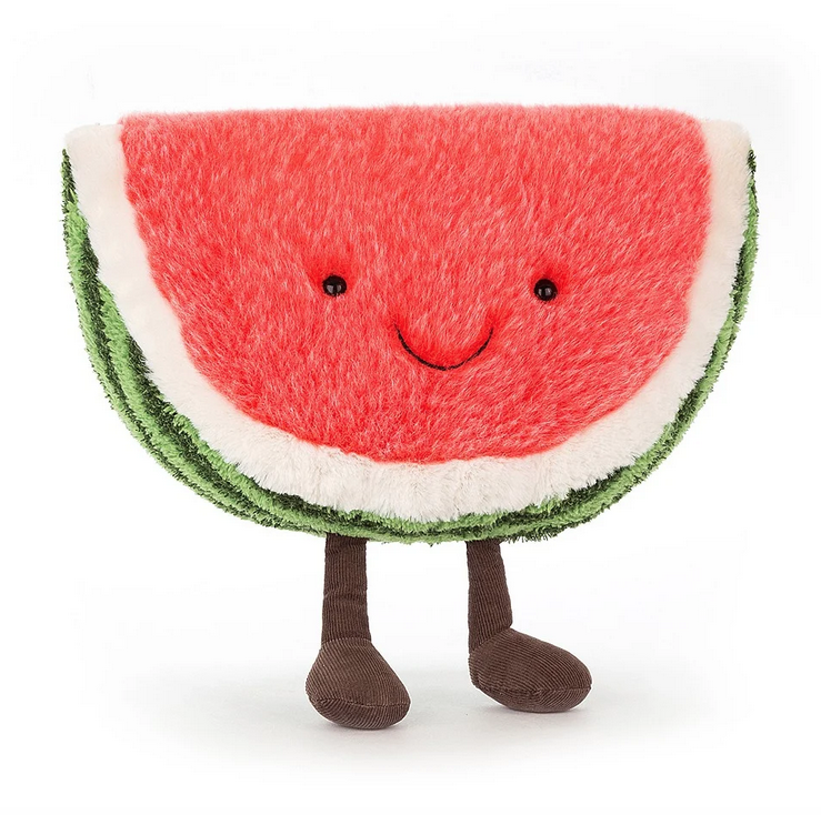 The deliciously ripe, red slice ofplush watermelon. It's dark brown courduroy boots underneath him. Witih a dark green and ligth green striped rind. 
