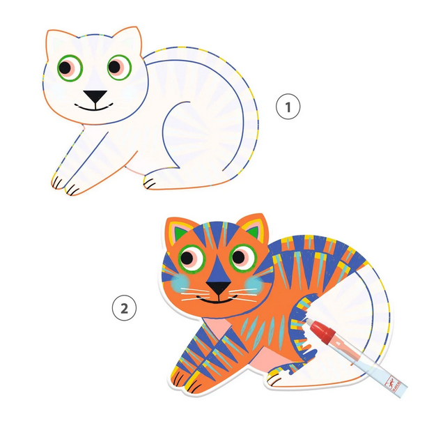 An example of the cat coloring board showing the cat before it is colored in with the magic water pen. 