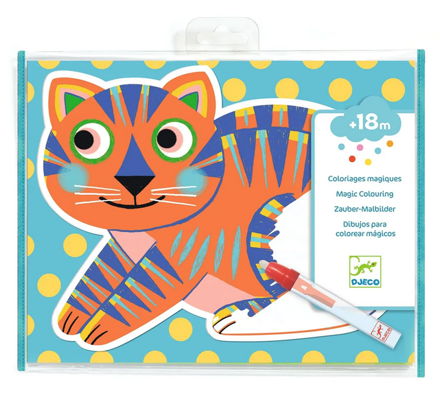 The clear carry bag for the Animaloma Water Magic Coloring set. The coloring board featuring the cat is in the front. 