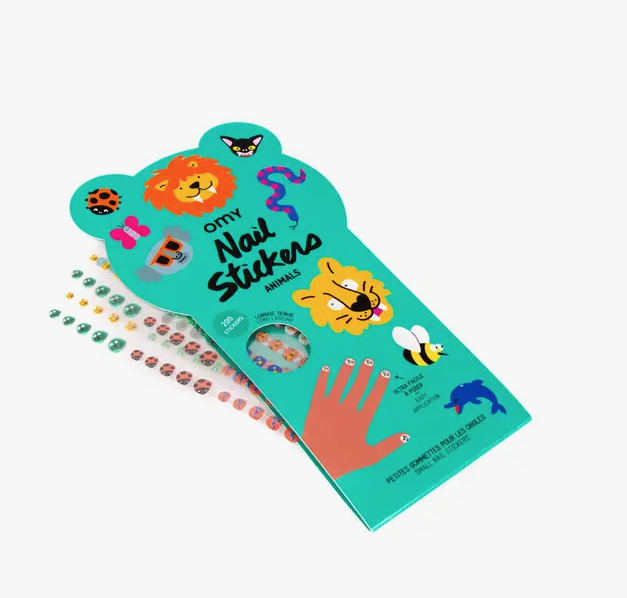 Animals Nail Stickers are presented in a green package with many of the cute animals shown on the front.  From sweet butterflies and ladybugs to lions, tigers and bats, many animals are represented.  the nail stickers come on clear sheets. 