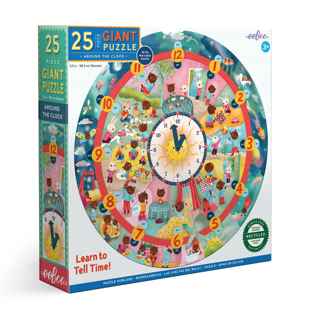 Box of 25 piece giant Around the Clock round puzzle. Puzzle is a clock with different activities for each hour.