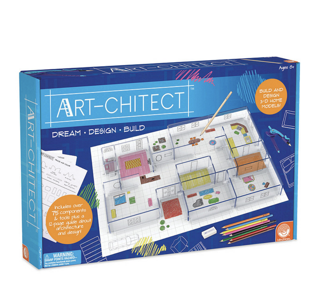 Box of Art-Chitect kit. Build and design 3D home models! Dream, design, build. Inckudes over 75 components and tools plus a 12 page guide about archetecture and design. Ages 8 and up.