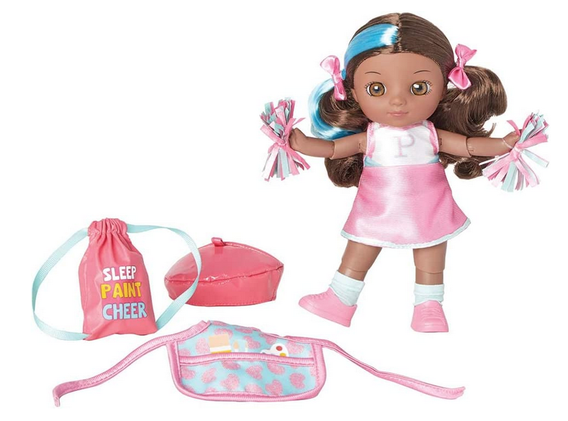 Black artist and cheerleader doll. She has long brown hair with a blue streak and big brown eyes. Comes with pom poms, a hat, art apron, and sleep, paint, cheer backpack.