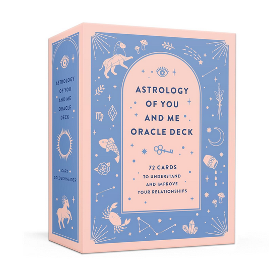 Cover of the box the Astrology of You and Me Oracle Deck is packaged in. It is light blue and pink with illustratins of zodiac signs. 