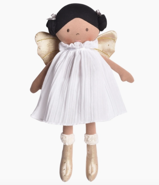Aurora fairy plush doll. Aurora has medium toned skin, black hair in side buns, gold wings and boots, and a white dress.
