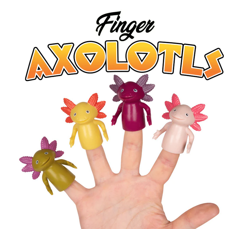 Various silicone finger axolotl finger puppets.
