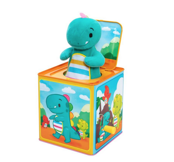 This Dino Jack in the Box is sure to bring a smile to every child's face. Turn the handle to hear a fun song and POP an adorable plush figure pops out. Push them back in and close the lid to start the fun again. 