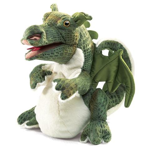 Baby Dragon puppet with cream pot belly, green scaly skin and red forked tongue. 