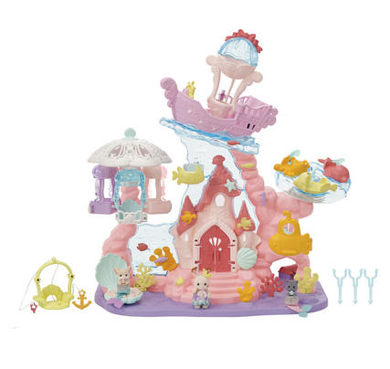 Calico Critters Baby Mermaid Castle is an underwater castle playset for baby figures. Set includes 3 poseable baby figures including chocolate Rabbit baby, Persian Cat cradle baby and Fennec Fox baby dressed in removable mermaid outfits! Four main attractions including the Dreamy Pirate Ship, rotating Jellyfish Swing with three gondolas, Merry Go Round with Crab, Whale and Dolphin Rides and Submarine and Fish swings!