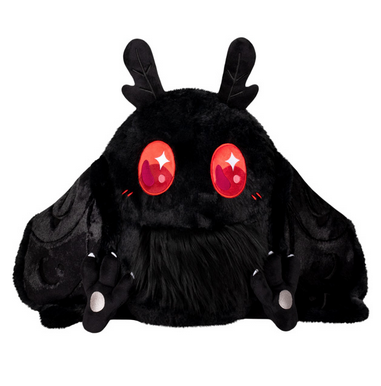 Baby Mothman Squishable with solid black fur and wings and big red eyes. 