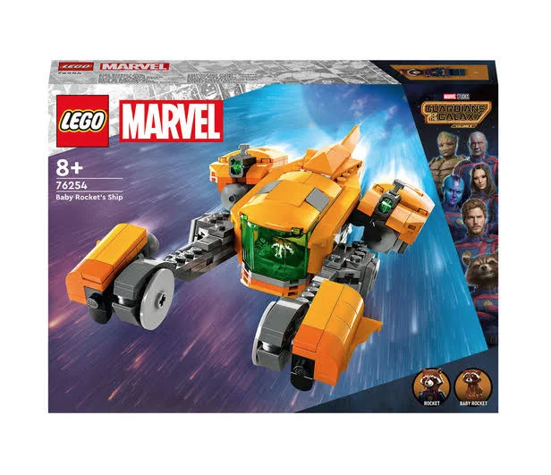 The front of the box showing this buildable toy that recreates the spaceship that Baby Rocket uses to escape from his creators in the movie. The craft features an opening cockpit, adjustable landing gear and 2 stud shooters. As well as the Baby Rocket figure, the set comes with an adult Rocket minifigure 