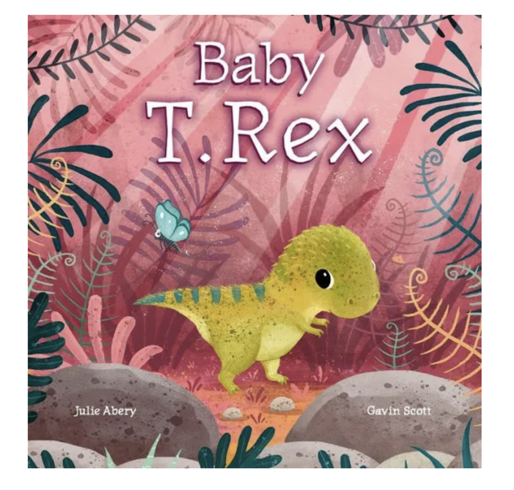 Cover of Baby T Rex board book with a cute little T Rex exploring his world. 