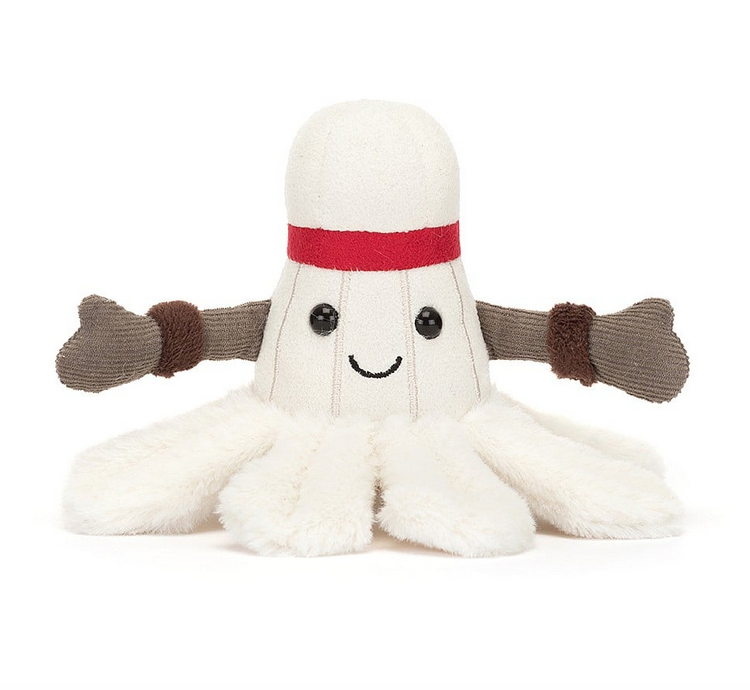 Off white plush shuttlecock with a red sweat band, and brown arms reaching out. 