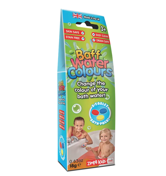 Bath water color changing tablets. Skin safe. Stain free. Easy to clean. Drain safe. Ages 3 and up. Made in the UK. Change the color of your bath water. 9 tablet pack.