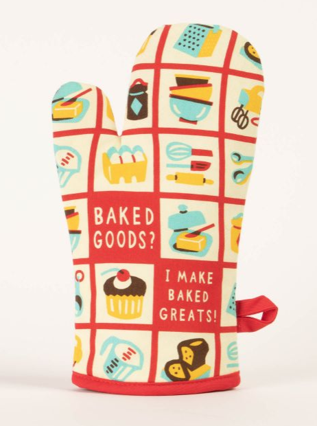 Cream oven mitt with squares of different baked goods and utensils. Text reads Baked goods? I make baked greats!