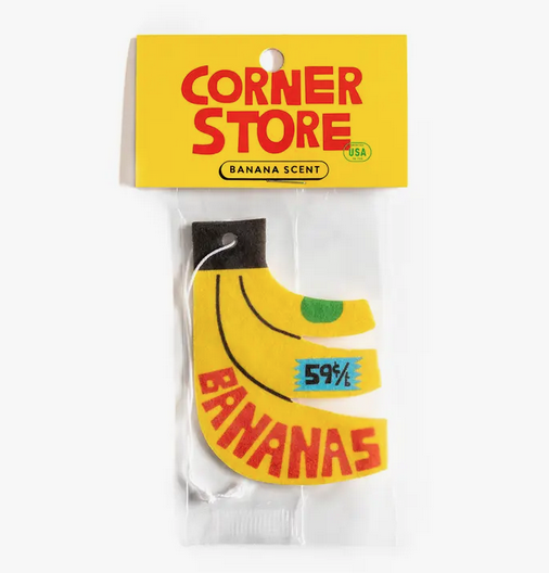 Bananas air freshener in clear cellophane package. 