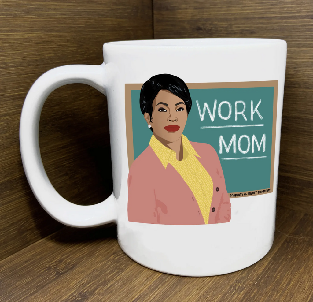 Mug with Barbara illustration and the phrase Work Mom written on a chalkboard. 