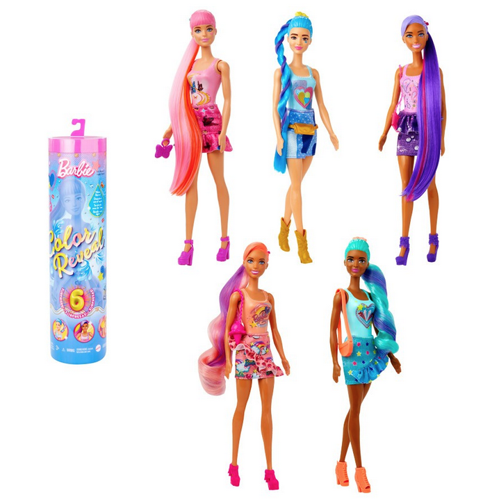 Barbie Color Reveal dolls six of them, including a doll whose look is revealed with water! Inspired by Y2K, the Barbie Totally Denim Series dolls include a patchwork skirt, a fun-shaped purse, shoes, and a plug-in color-change ponytail. One surprise style per tube. 