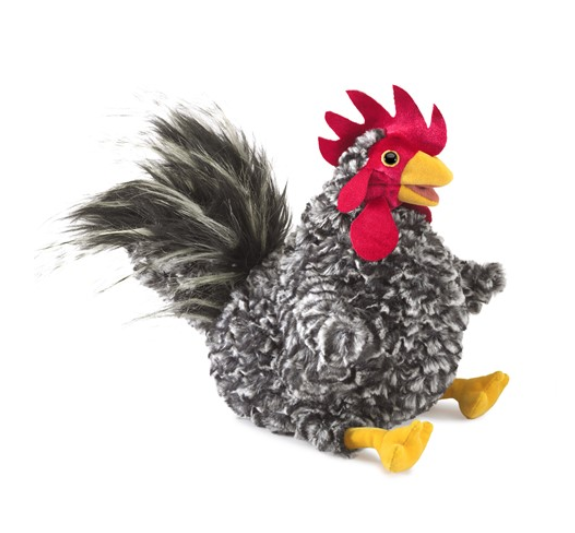Barred Rock Rooster puppet with black and white fur and feathery tail and brick red comb. 