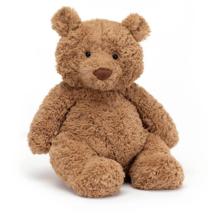 Bartholomew Bear plush sitting up and facing forward with his brown fur and pot belly. His face is definitely one you can trust. 