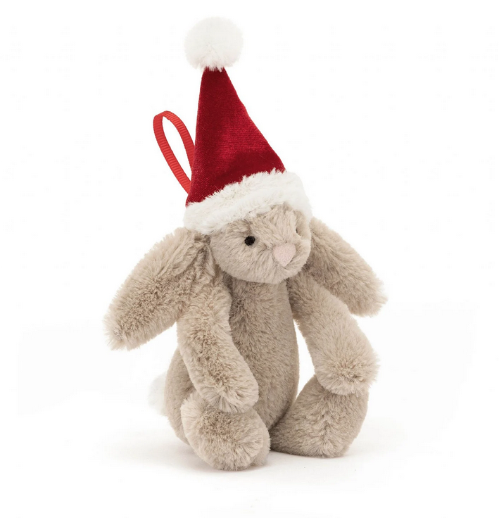 Bashful Christmas Bunny Decoration is a praline coloured bunny with a berry velour hat with cream trim and pompom. 