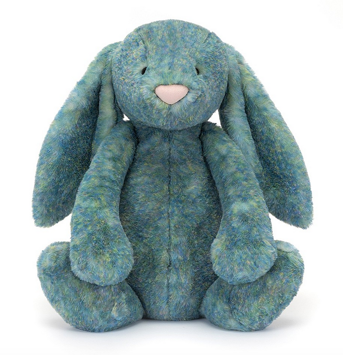 The Bashful Huge Luxe Bunny in Azure with fur in pink, green and blue. 
