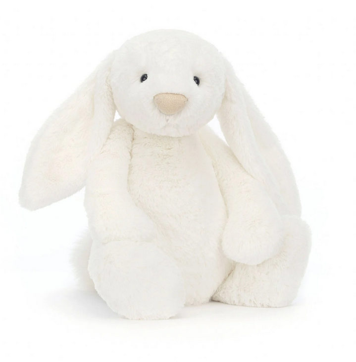 Bashful Luxe Bunny Luna big plush with snow white fur, marshmallow paws and a glittery gold nose.