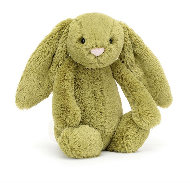 Bashful Moss Bunny looking forward with pistachio fur, dark eyes and pink nose. 