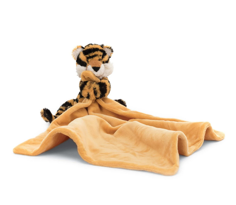 Plush Jellycat tiger holding an orange soft blankie.